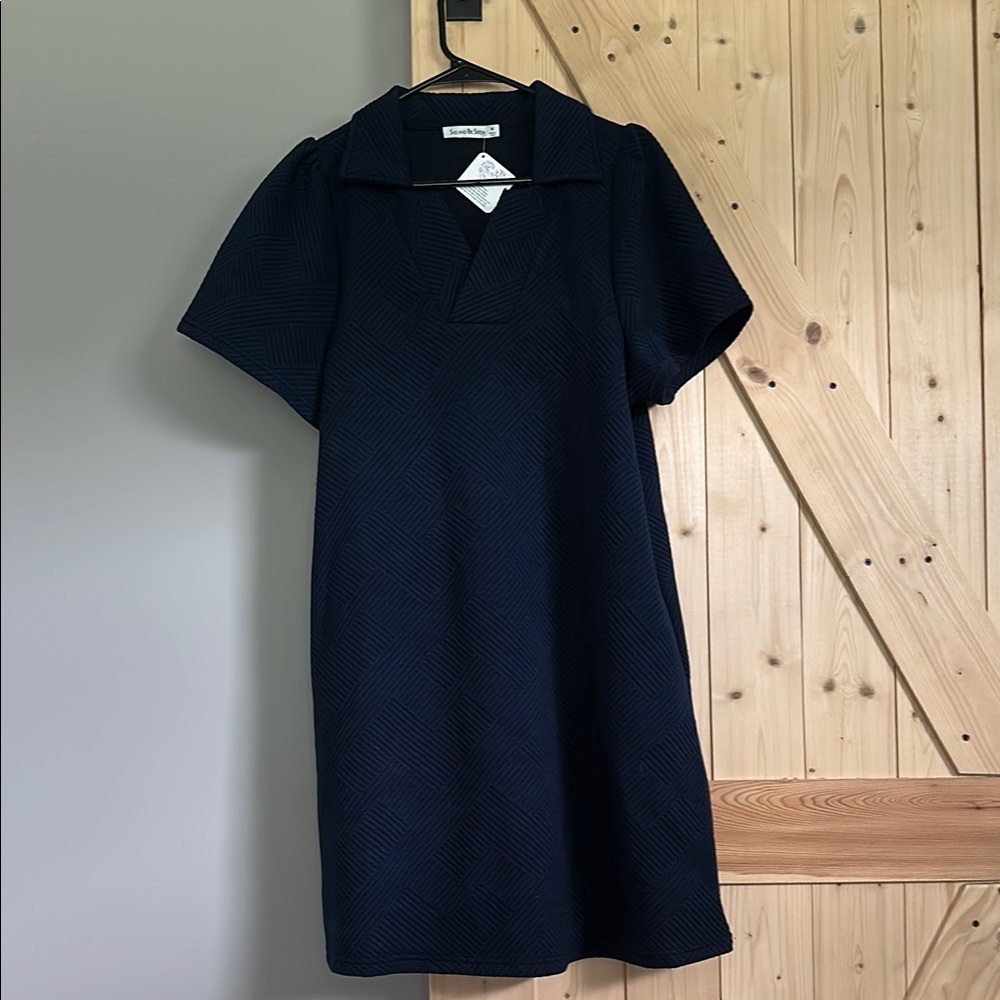 Navy Puff Sleeve Polo Collar Dress